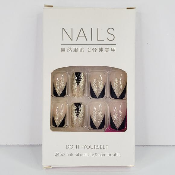 24pc Press On Nails Set Short Square Shape Black Cream Gold Glitter +Glue & File - Picture 4 of 6